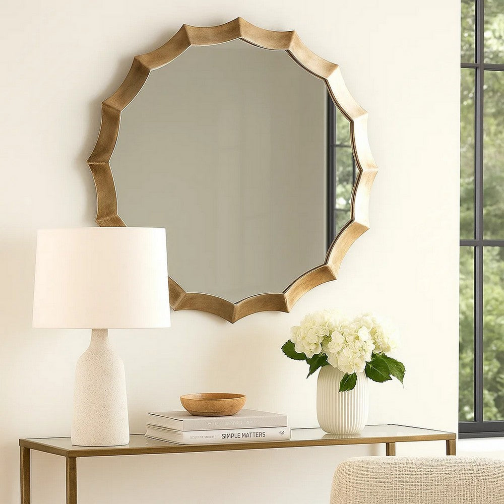 Round Mirror with Scalloped Metal Frame, Gold - BM263629