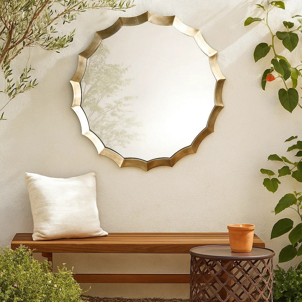 Round Mirror with Scalloped Metal Frame, Gold - BM263629