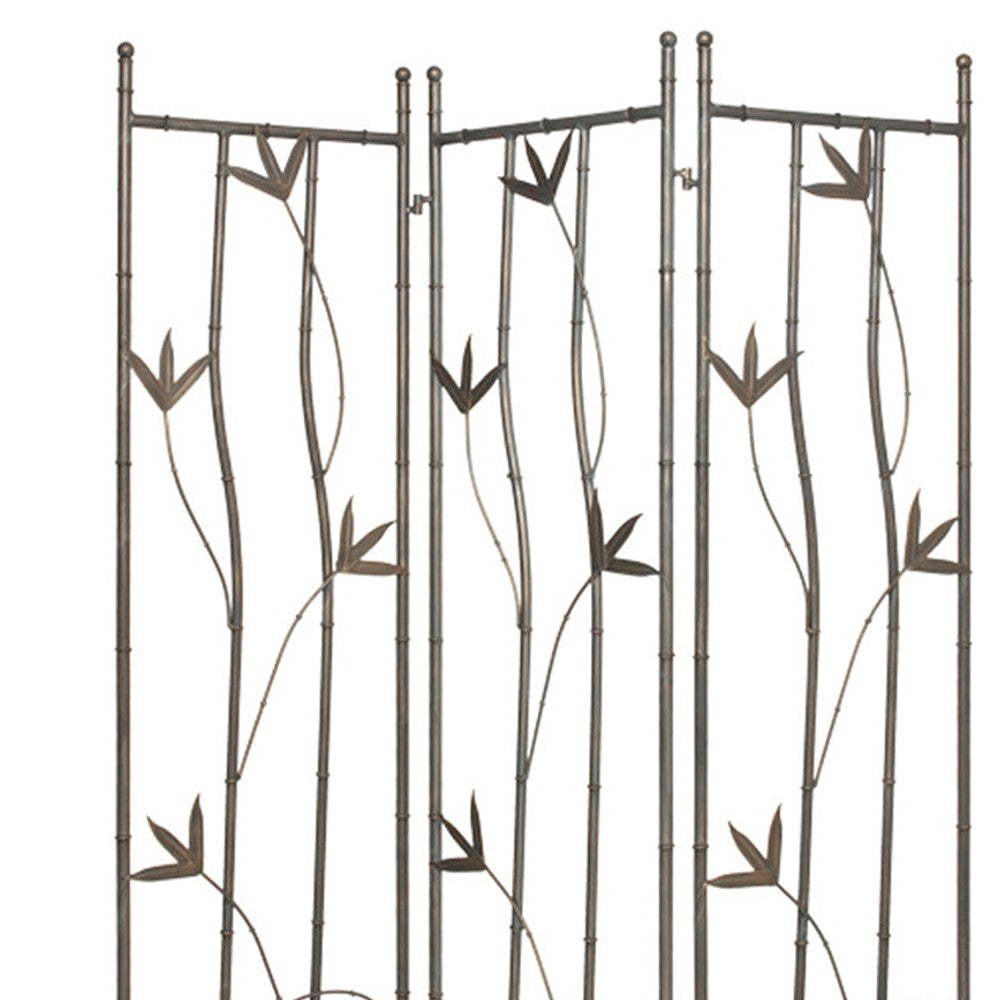 3 Panel Foldable Metal Screen with Leaf Design Accents, Silver - BM26454