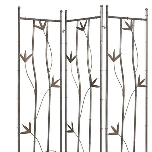 3 Panel Foldable Metal Screen with Leaf Design Accents, Silver - BM26454