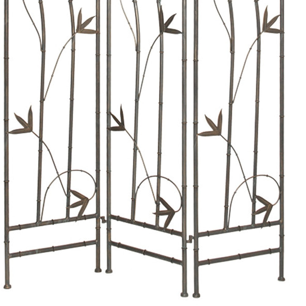 3 Panel Foldable Metal Screen with Leaf Design Accents, Silver - BM26454