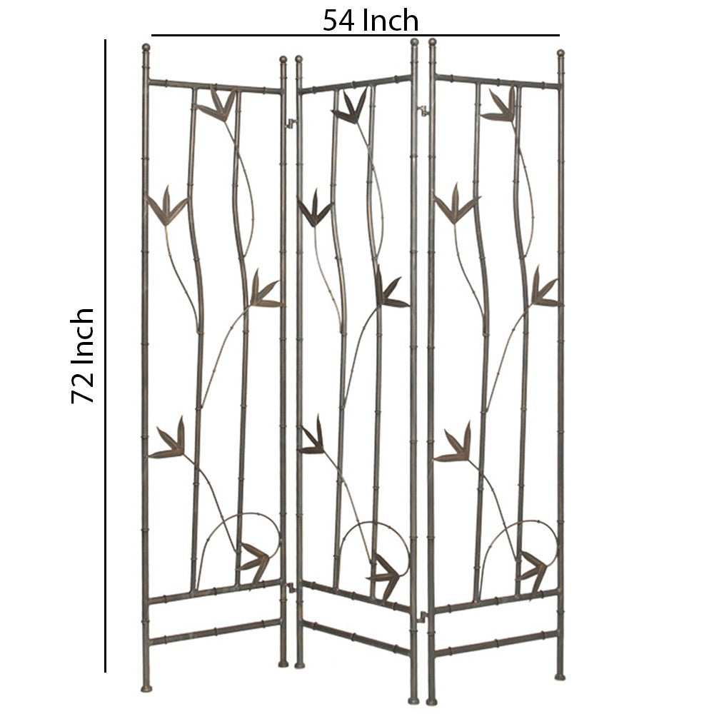 3 Panel Foldable Metal Screen with Leaf Design Accents, Silver - BM26454