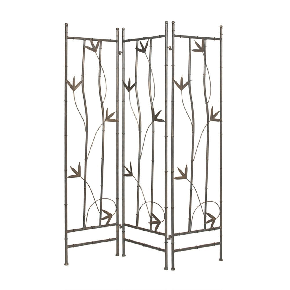 3 Panel Foldable Metal Screen with Leaf Design Accents, Silver - BM26454