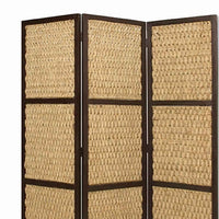 3 Panel Wooden Framed Screen with Sea Grass Woven Design, Brown - BM26459