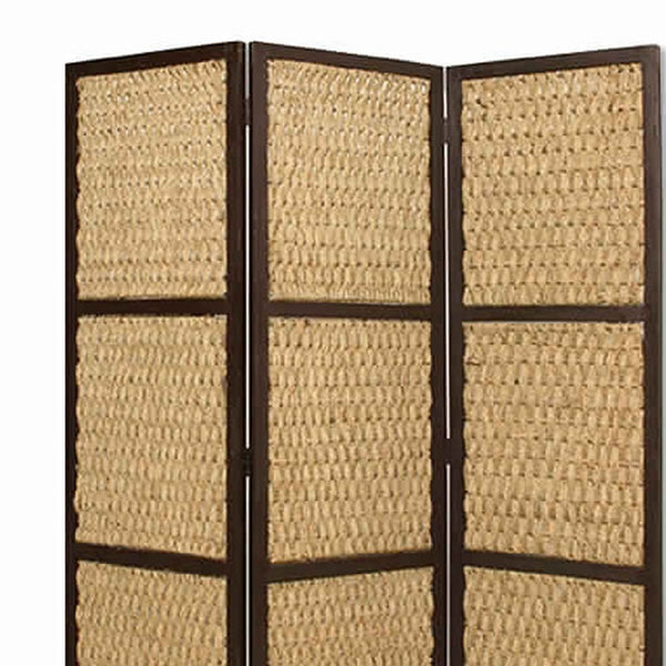 3 Panel Wooden Framed Screen with Sea Grass Woven Design, Brown - BM26459