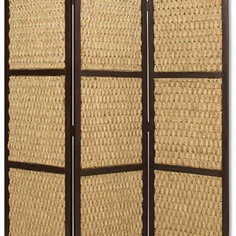 3 Panel Wooden Framed Screen with Sea Grass Woven Design, Brown - BM26459