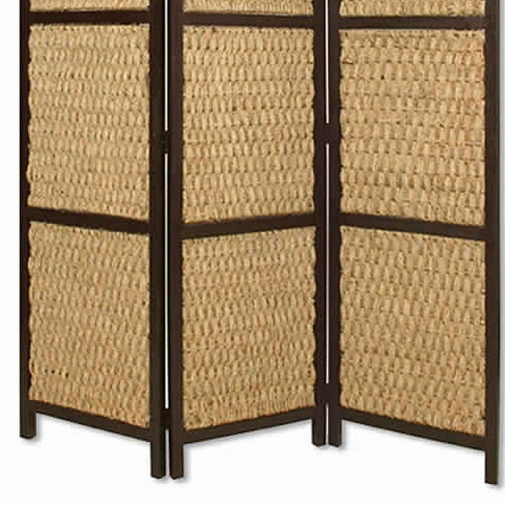 3 Panel Wooden Framed Screen with Sea Grass Woven Design, Brown - BM26459