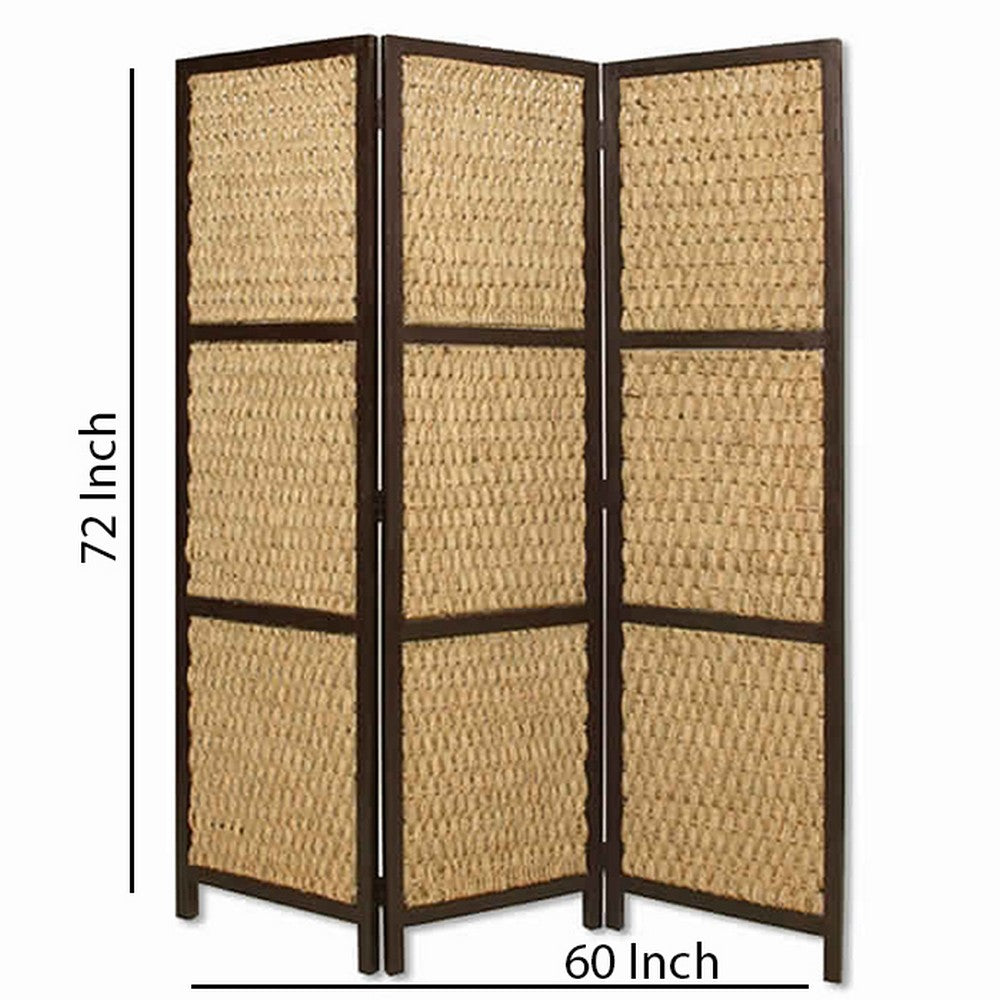 3 Panel Wooden Framed Screen with Sea Grass Woven Design, Brown - BM26459
