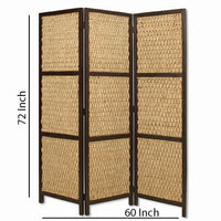 3 Panel Wooden Framed Screen with Sea Grass Woven Design, Brown - BM26459