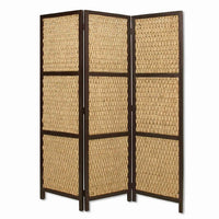 3 Panel Wooden Framed Screen with Sea Grass Woven Design, Brown - BM26459