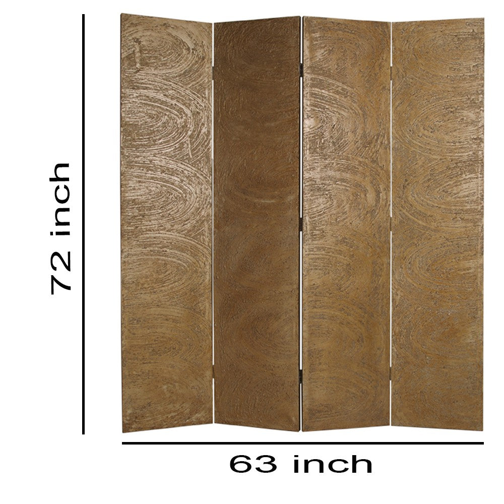 Foldable 4 Panel Canvas Room Divider with Swirl Details, Gold - BM26480