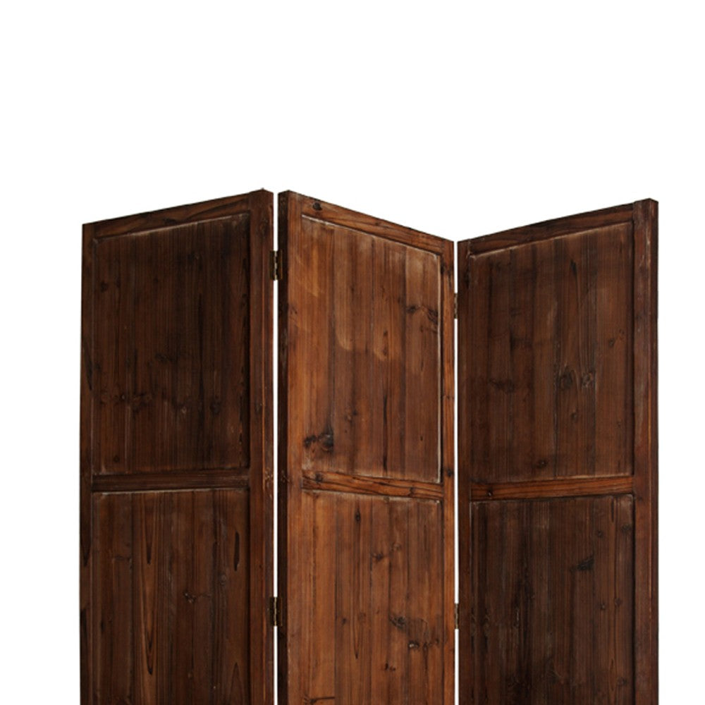 Wooden 3 Panel Room Divider with Plank Pattern, Brown - BM26488
