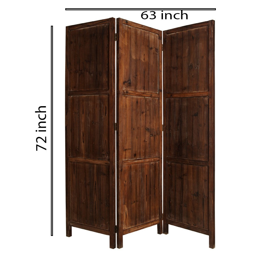 Wooden 3 Panel Room Divider with Plank Pattern, Brown - BM26488