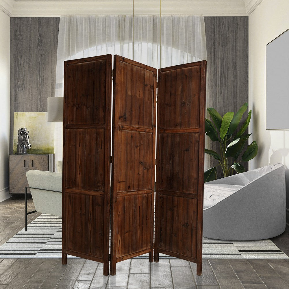 Wooden 3 Panel Room Divider with Plank Pattern, Brown - BM26488