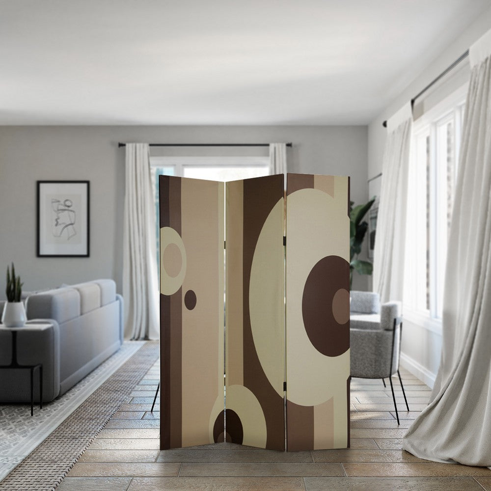 Canvas Print 3 Panel Room Divider with Circle Design, Beige and Brown - BM26490