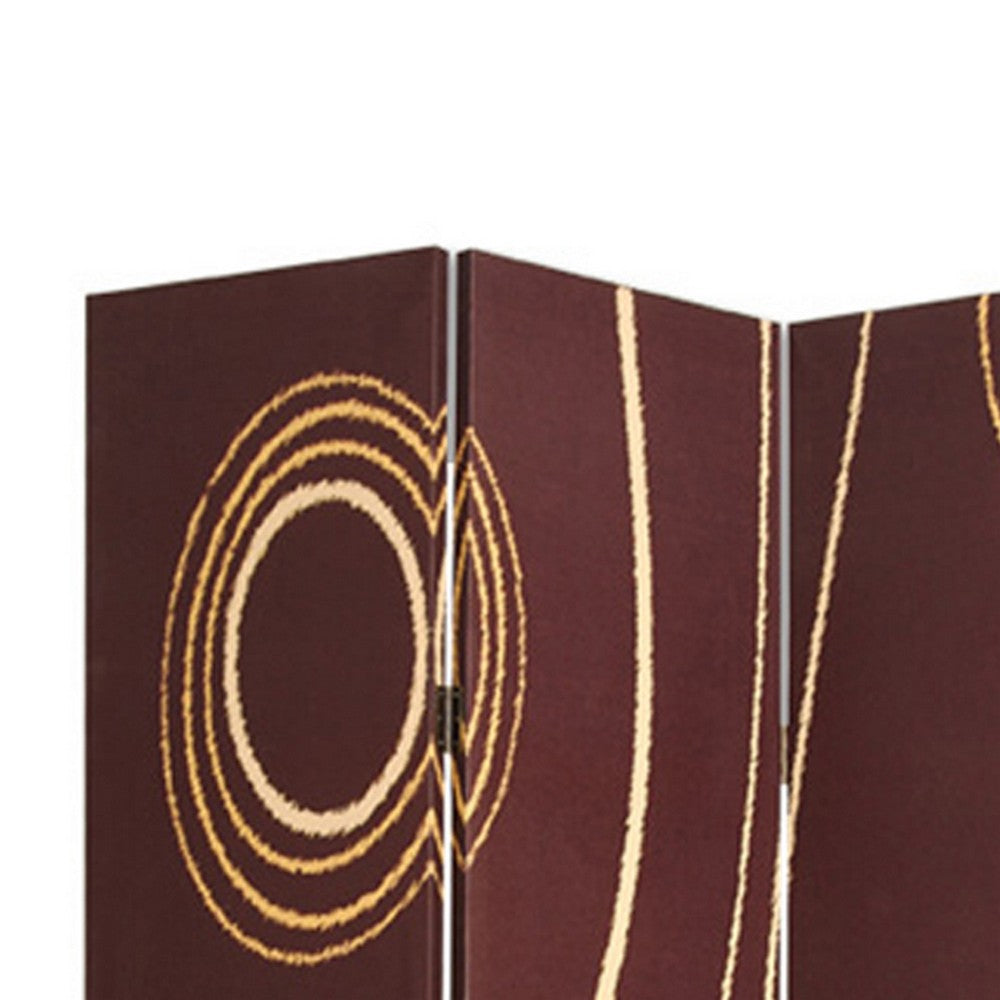3 Panel Foldable Canvas Room Divider with Circle Design, Brown and Yellow - BM26491