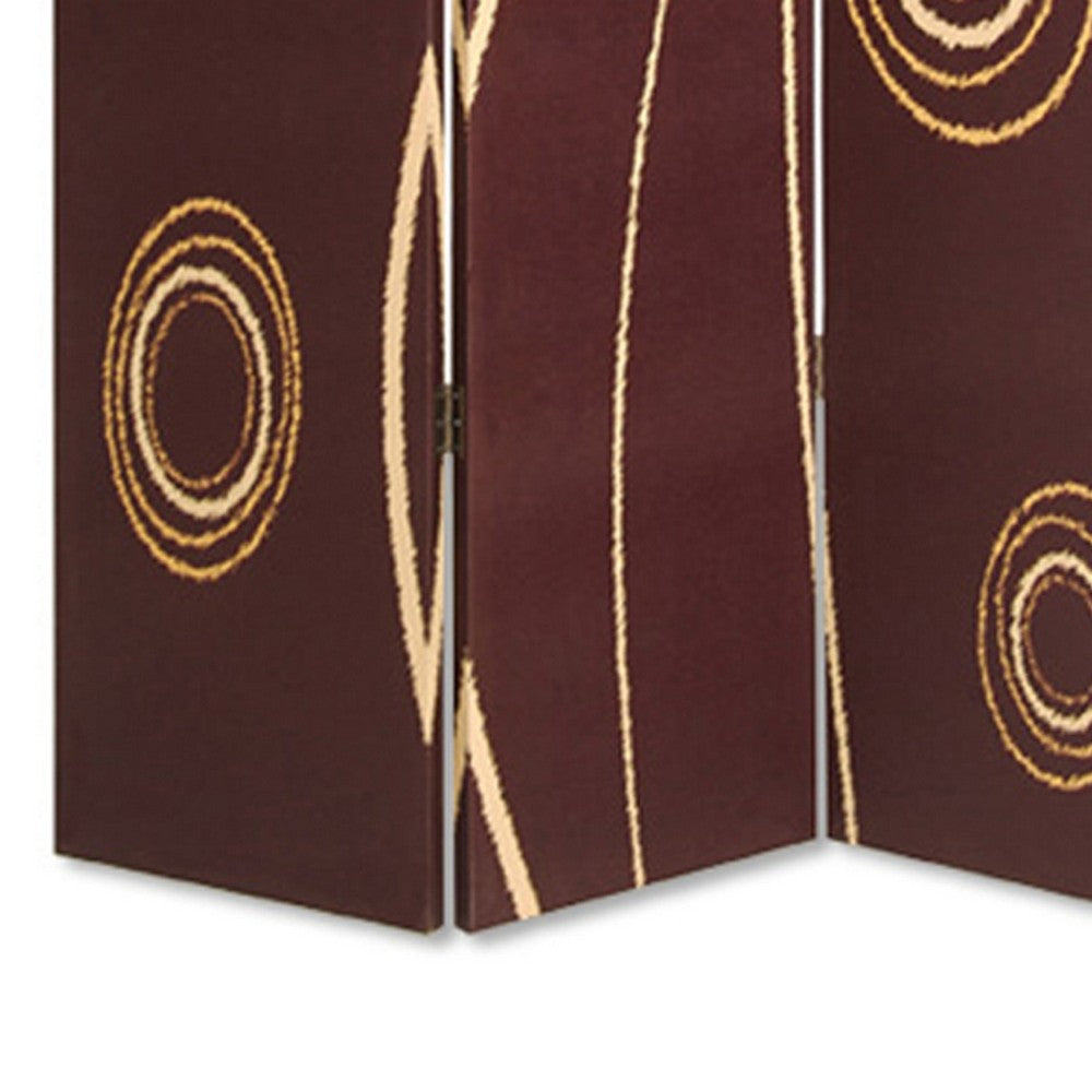 3 Panel Foldable Canvas Room Divider with Circle Design, Brown and Yellow - BM26491