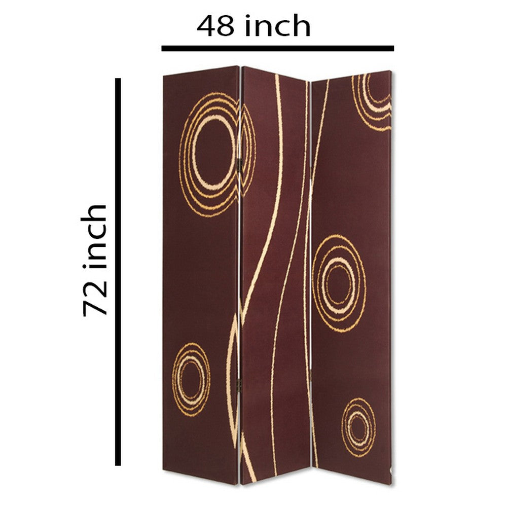 3 Panel Foldable Canvas Room Divider with Circle Design, Brown and Yellow - BM26491