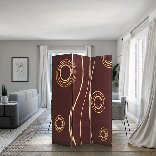 3 Panel Foldable Canvas Room Divider with Circle Design, Brown and Yellow - BM26491