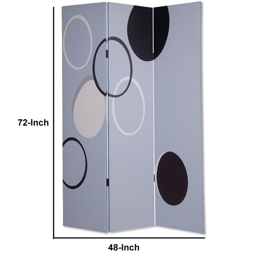 3 Panel Room Divider with Overlapping Circles Pattern, Black and Gray - BM26493