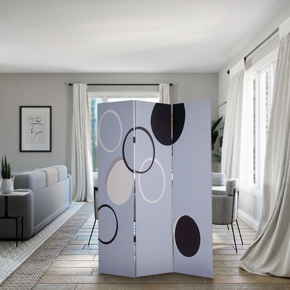 3 Panel Room Divider with Overlapping Circles Pattern, Black and Gray - BM26493