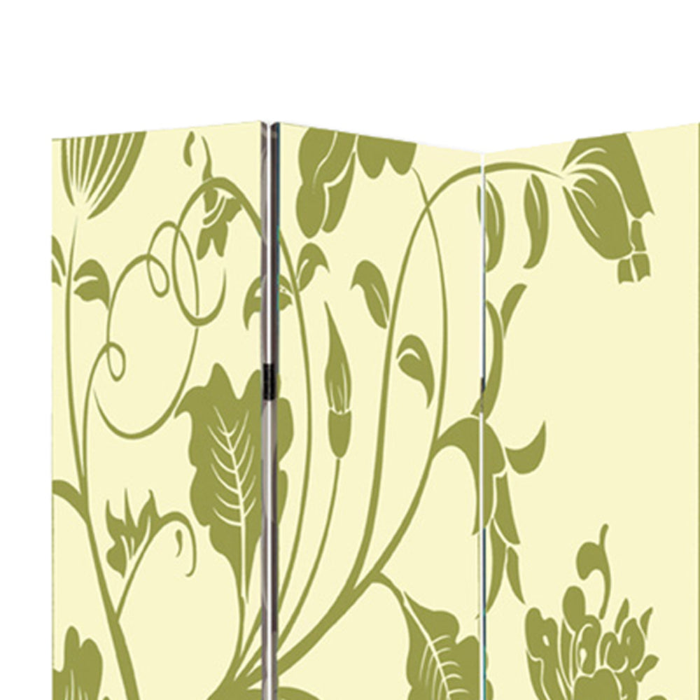 3 Panel Room Divider with Stems and Flower Pattern, Cream and Green - BM26494