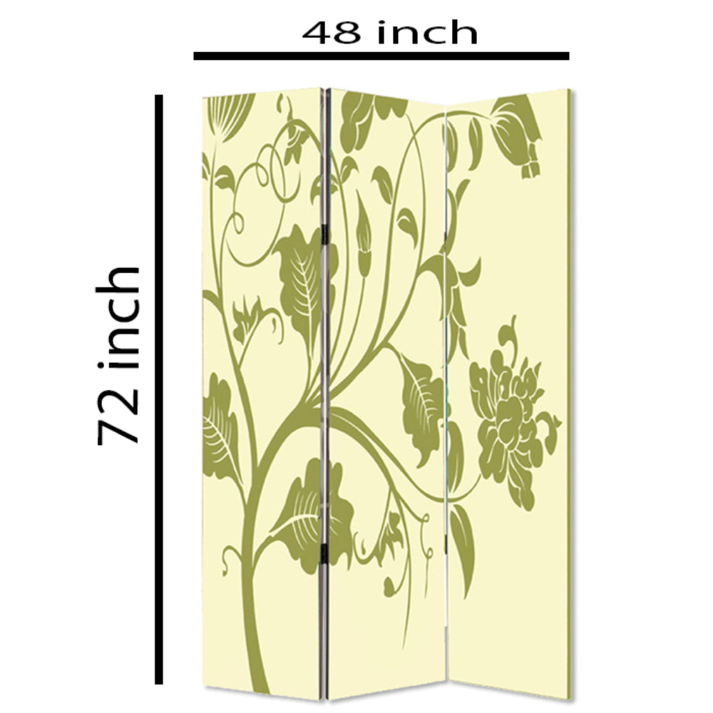 3 Panel Room Divider with Stems and Flower Pattern, Cream and Green - BM26494