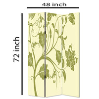 3 Panel Room Divider with Stems and Flower Pattern, Cream and Green - BM26494