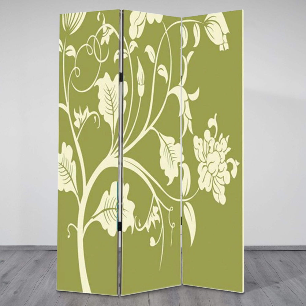 3 Panel Room Divider with Stems and Flower Pattern, Cream and Green - BM26494