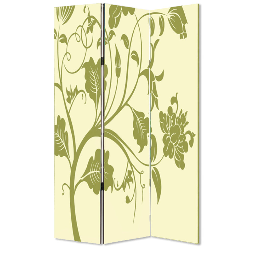 3 Panel Room Divider with Stems and Flower Pattern, Cream and Green - BM26494