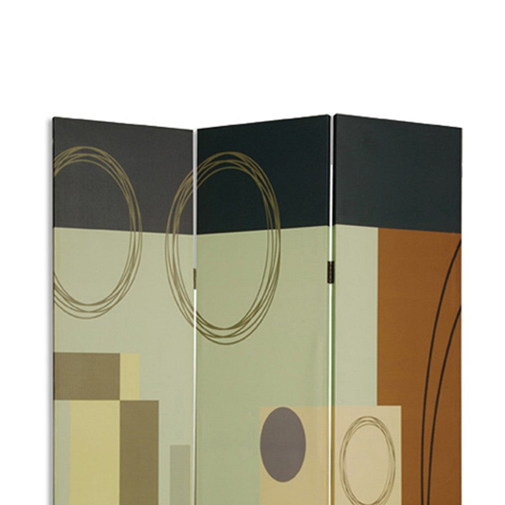 Wooden 3 Panel Canvas Room Divider with Geometric Pattern, Multicolor - BM26495