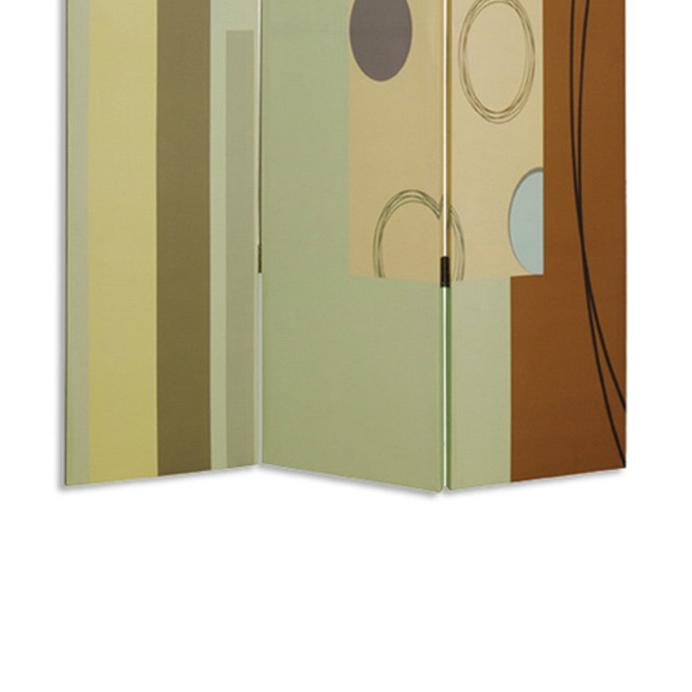 Wooden 3 Panel Canvas Room Divider with Geometric Pattern, Multicolor - BM26495