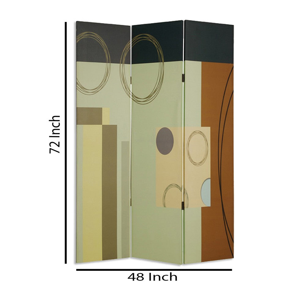 Wooden 3 Panel Canvas Room Divider with Geometric Pattern, Multicolor - BM26495