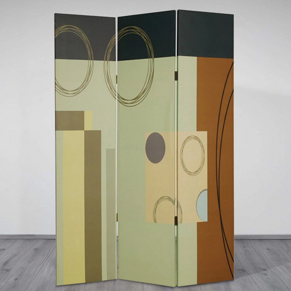 Wooden 3 Panel Canvas Room Divider with Geometric Pattern, Multicolor - BM26495