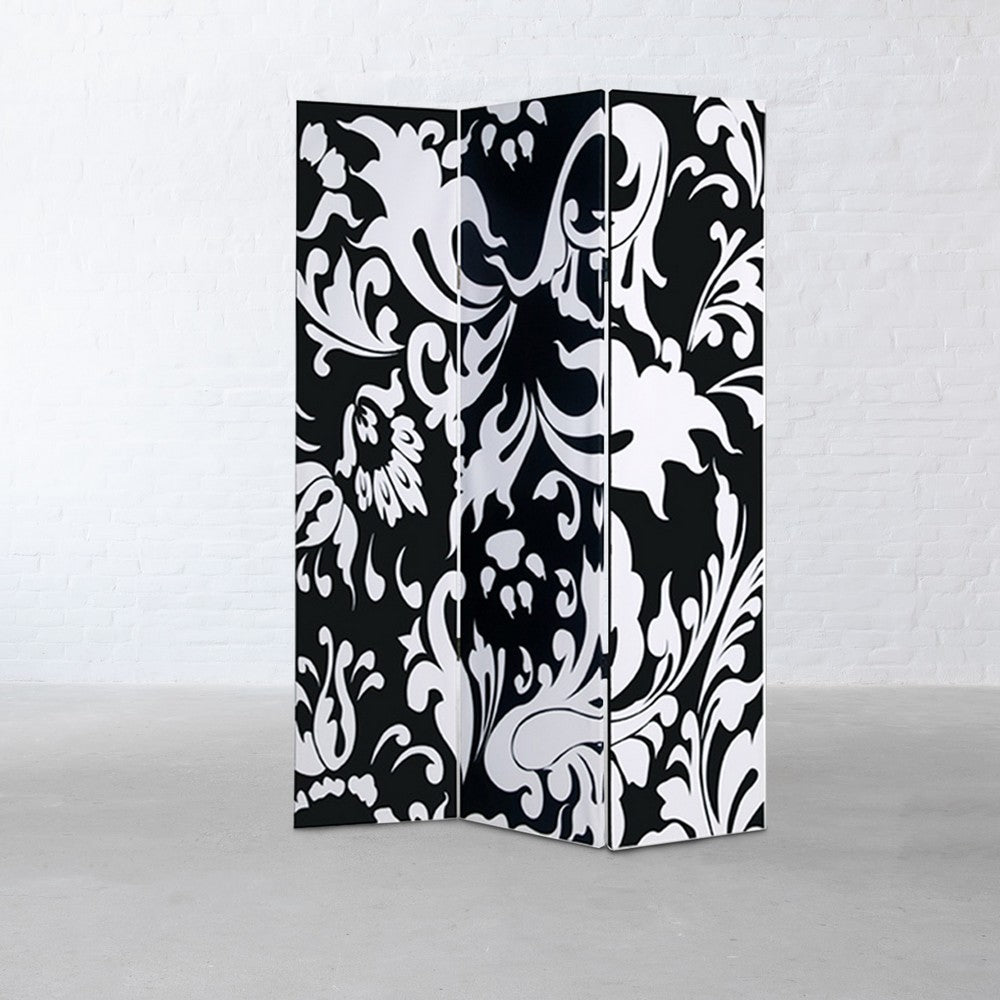 3 Panel Foldable Room Divider with Filigree Design, Black and White - BM26496