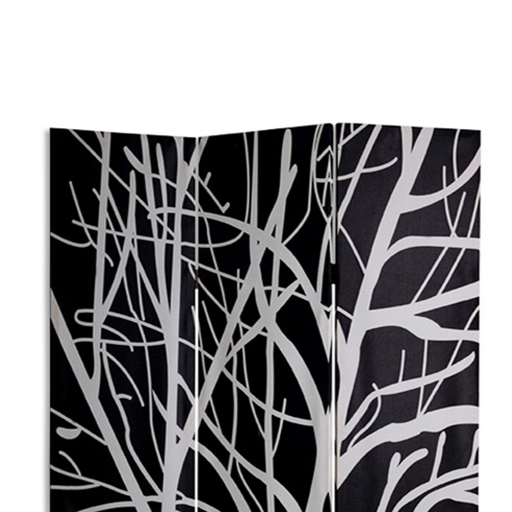3 Panel Canvas Room Divider with Branch Pattern, Black and White - BM26497