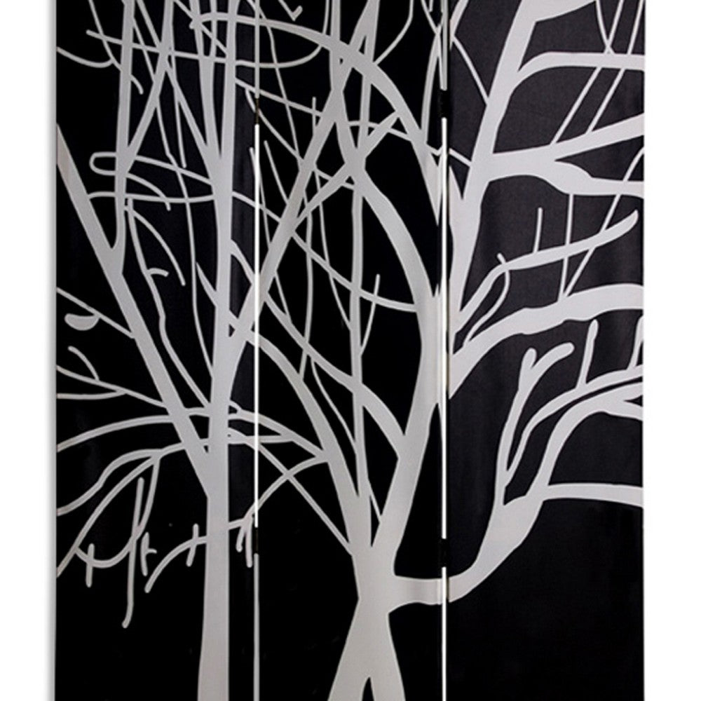 3 Panel Canvas Room Divider with Branch Pattern, Black and White - BM26497