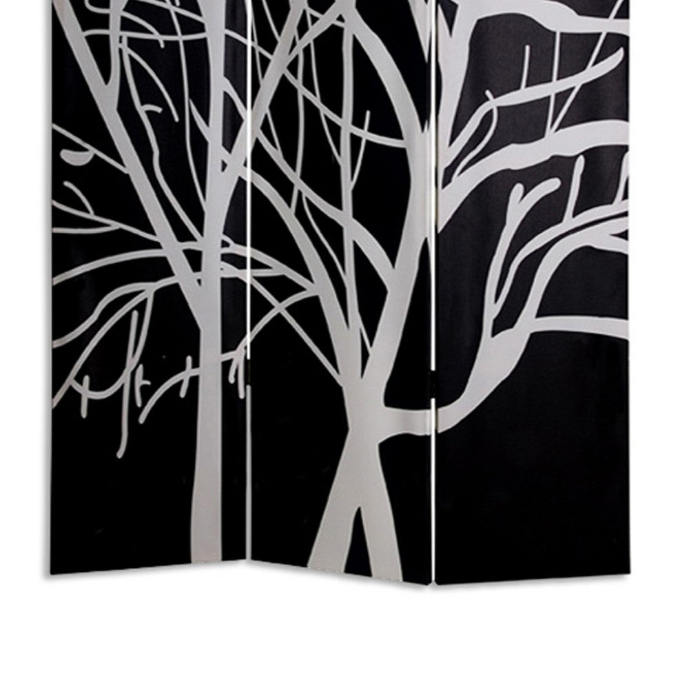 3 Panel Canvas Room Divider with Branch Pattern, Black and White - BM26497
