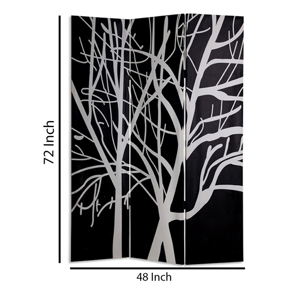 3 Panel Canvas Room Divider with Branch Pattern, Black and White - BM26497