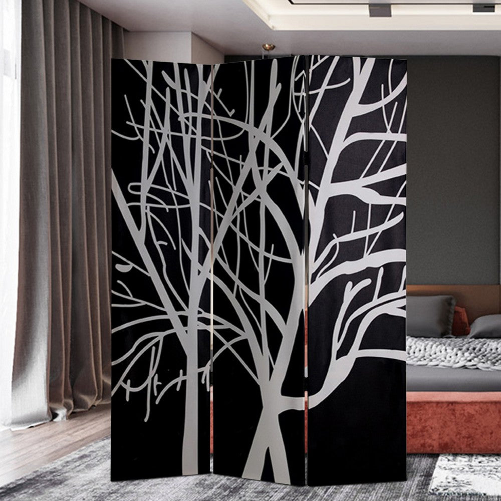 3 Panel Canvas Room Divider with Branch Pattern, Black and White - BM26497