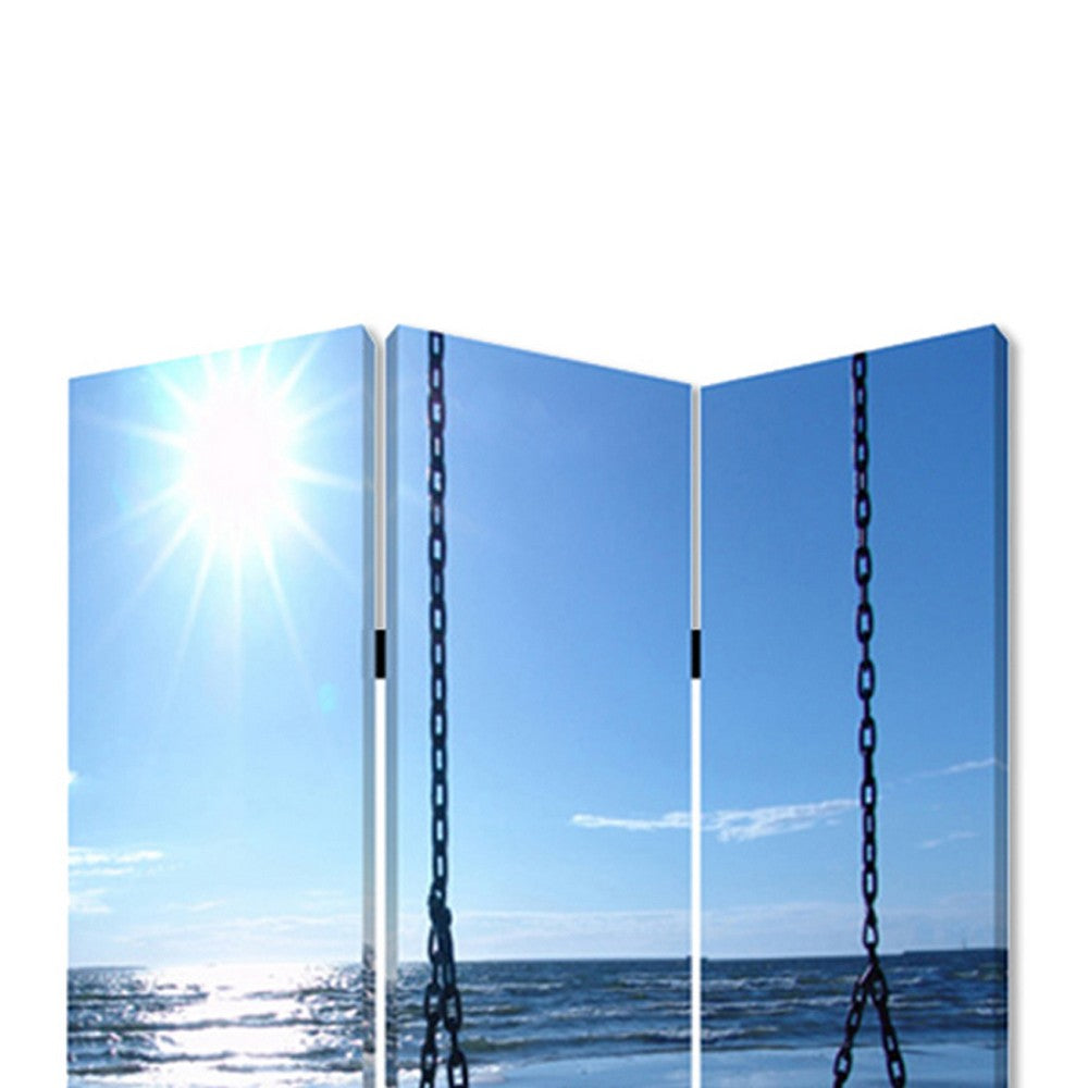 Wooden 3 Panel Room Divider with Seaside Screen Pattern, Blue and Gray - BM26498