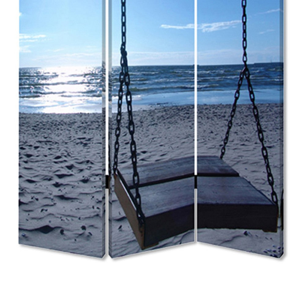 Wooden 3 Panel Room Divider with Seaside Screen Pattern, Blue and Gray - BM26498