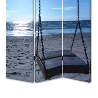 Wooden 3 Panel Room Divider with Seaside Screen Pattern, Blue and Gray - BM26498