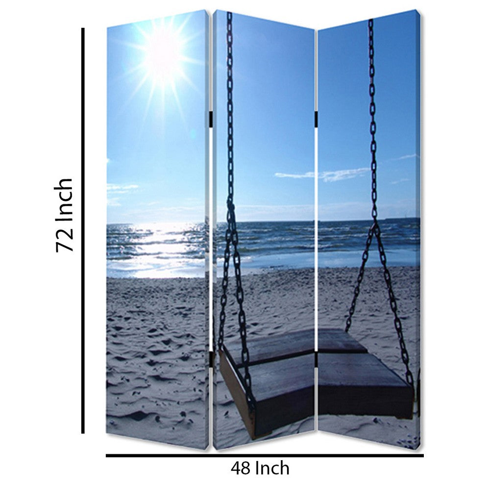 Wooden 3 Panel Room Divider with Seaside Screen Pattern, Blue and Gray - BM26498