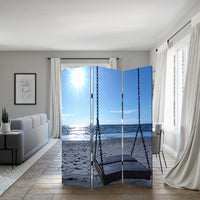 Wooden 3 Panel Room Divider with Seaside Screen Pattern, Blue and Gray - BM26498