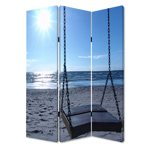Wooden 3 Panel Room Divider with Seaside Screen Pattern, Blue and Gray - BM26498