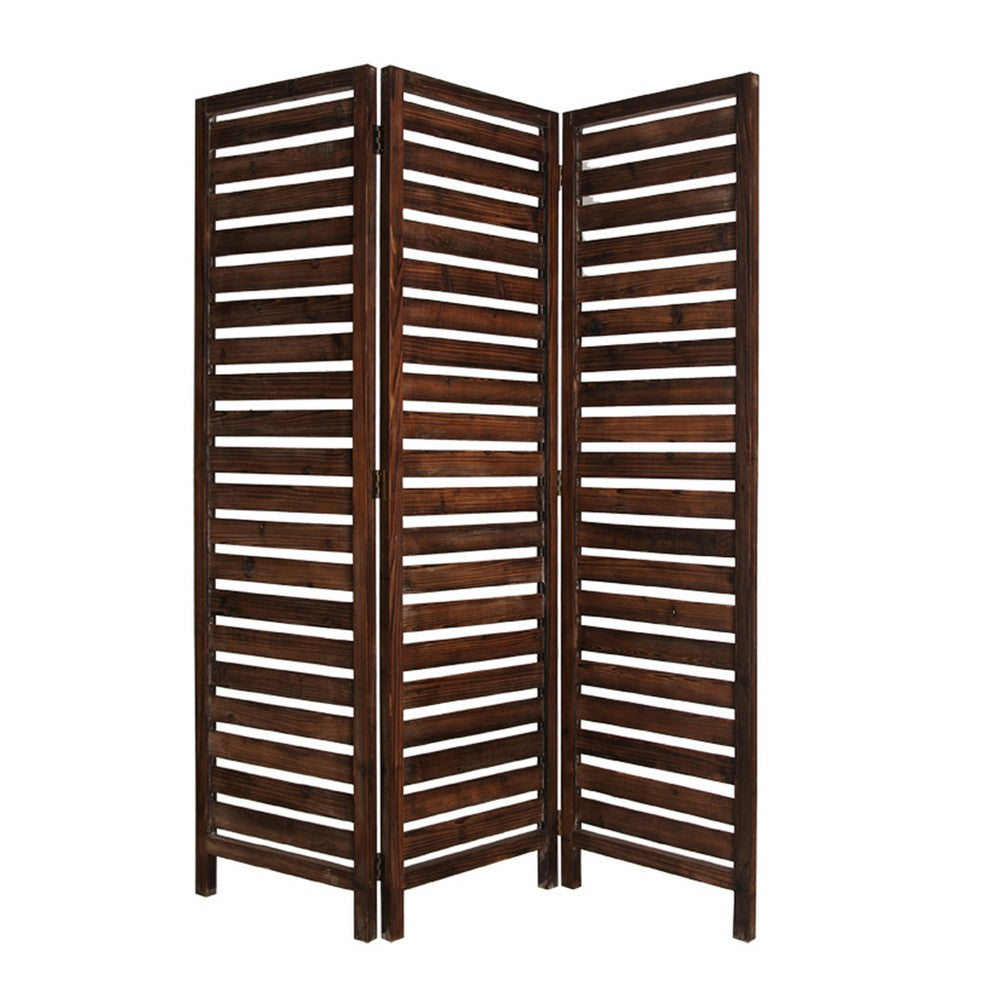 3 Panel Foldable Wooden Screen with Louver Pattern, Dark Brown - BM26501