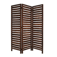 3 Panel Foldable Wooden Screen with Louver Pattern, Dark Brown - BM26501