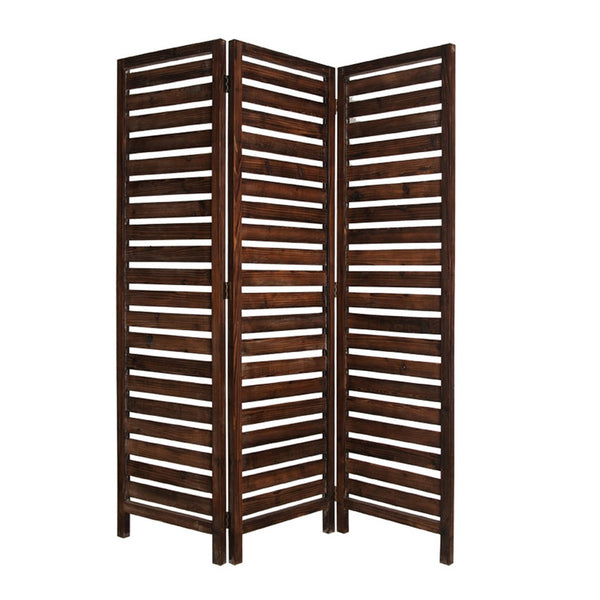 3 Panel Foldable Wooden Screen with Louver Pattern, Dark Brown - BM26501