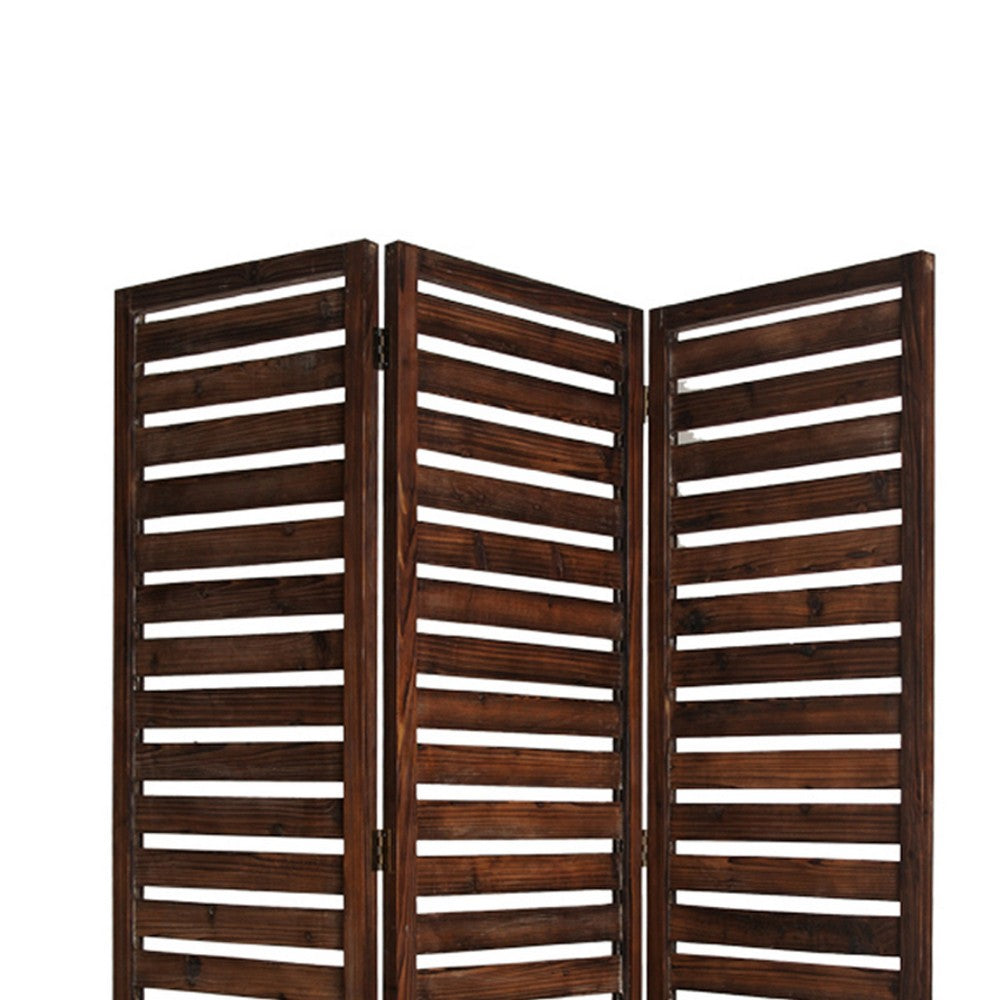 3 Panel Foldable Wooden Screen with Louver Pattern, Dark Brown - BM26501